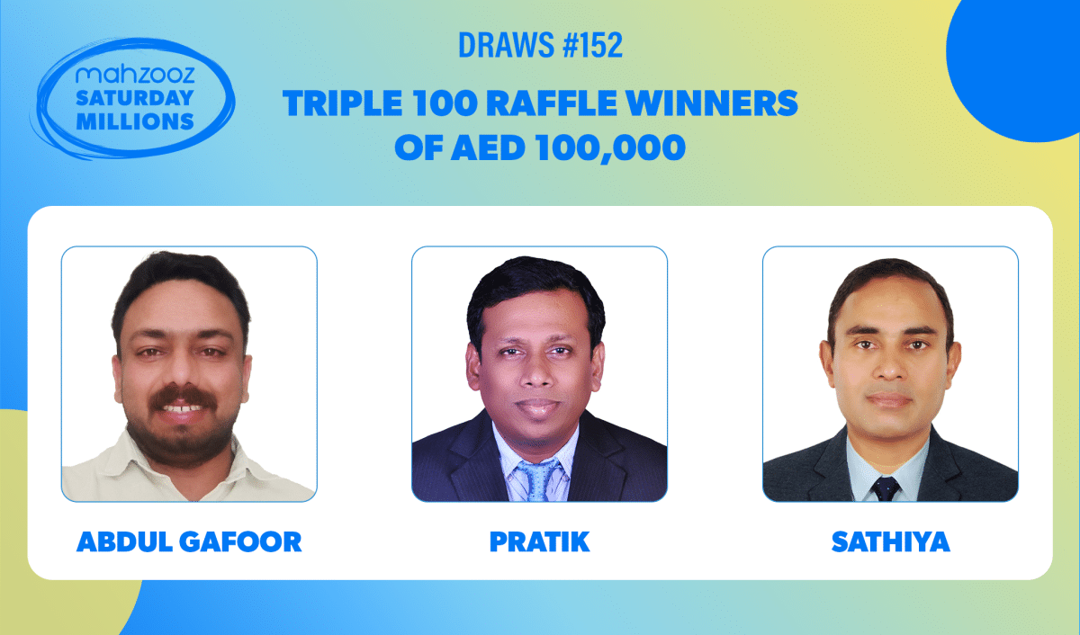 trio from Sharjah, Abu Dhabi and Dubai strike luck with AED 100,000 wins in Mahzooz Saturday Millions’ 152nd weekly draws.