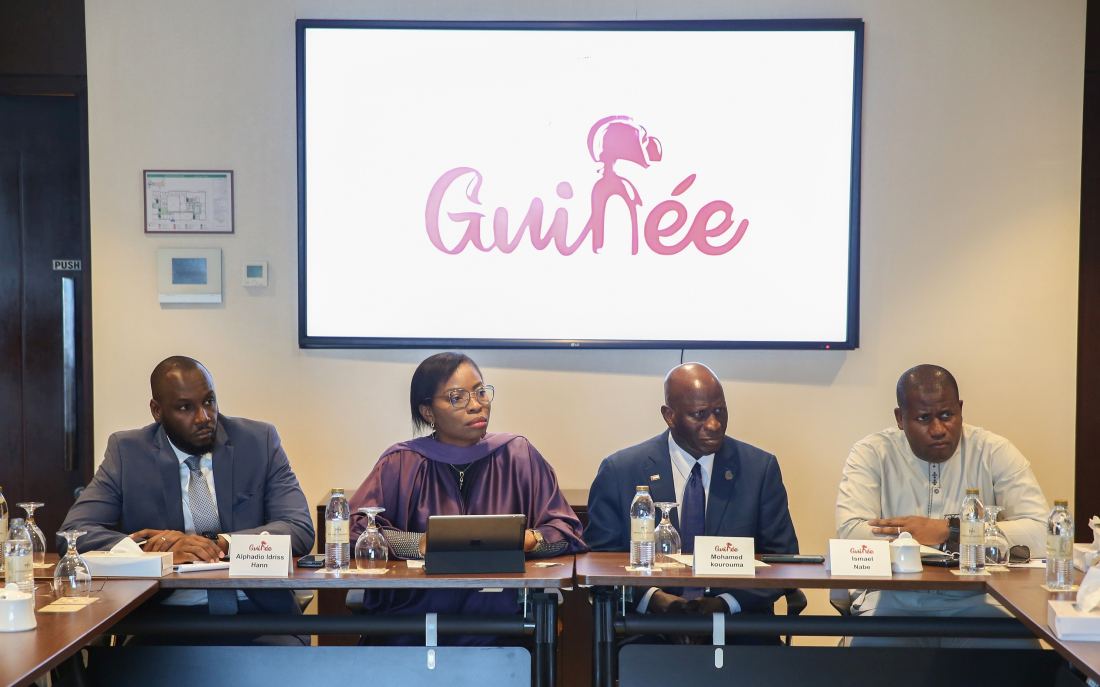 HE Ms. Rose Pola Pricemou, Minister of Planning and International Cooperation, Republic of Guinea, speaking to media in Dubai