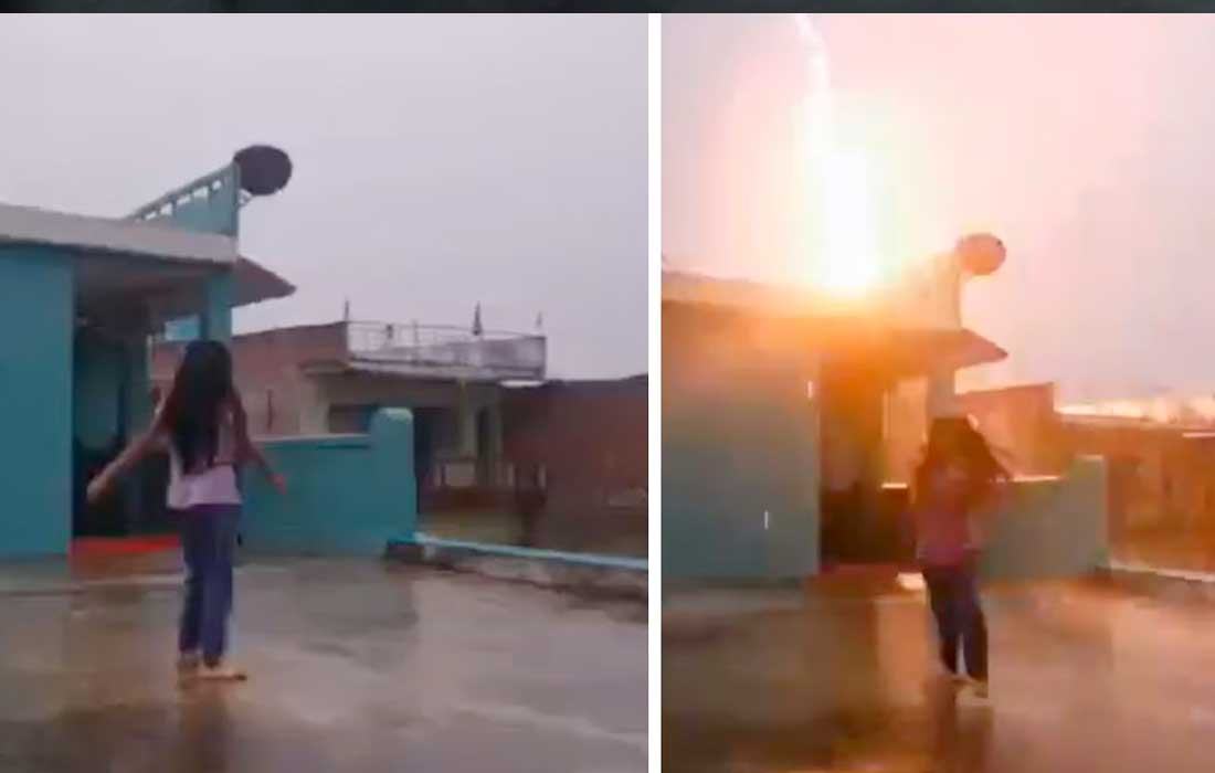 Girl in India narrowly escapes being struck by a lightning bolt
