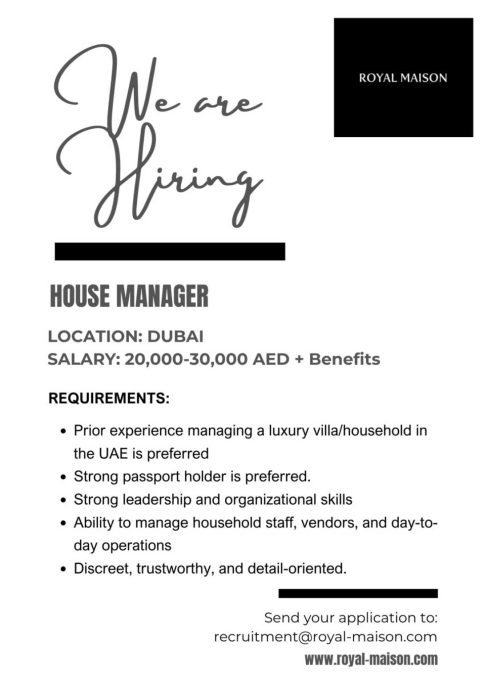 UAE house manager job pays AED 30,000