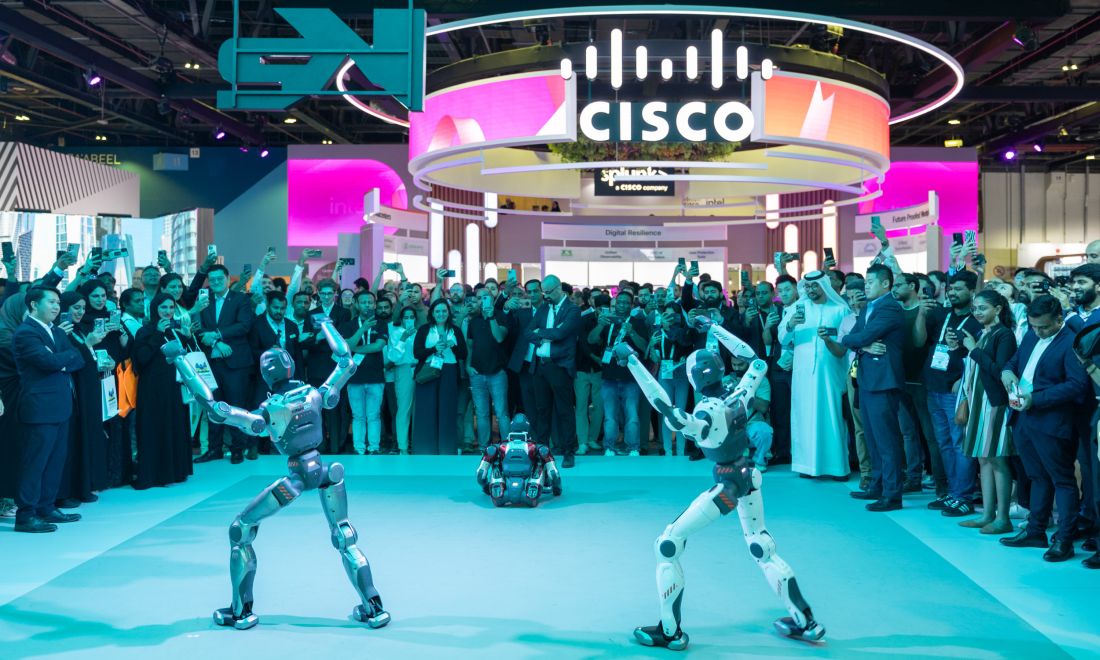 Cutting-edge humanoid robots perform live demonstrations at the Cisco stand during GITEX GLOBAL 2025