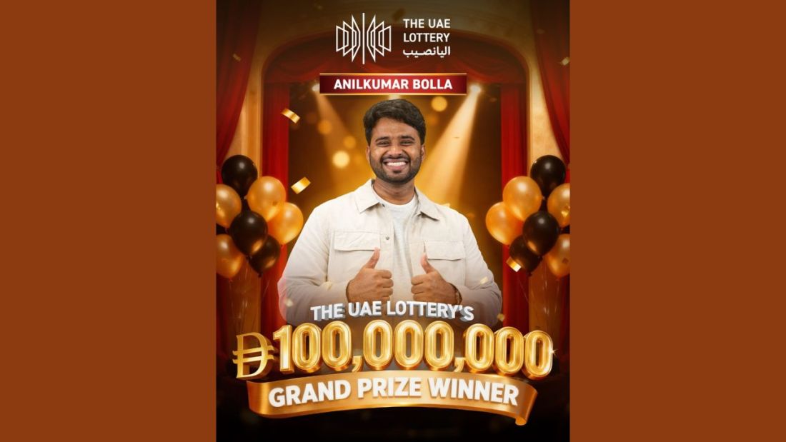 Anilkumar Bolla, a 29-year-old Abu Dhabi resident, becomes the first-ever AED 100 million grand prize winner in The UAE Lottery’s Lucky Day Draw.